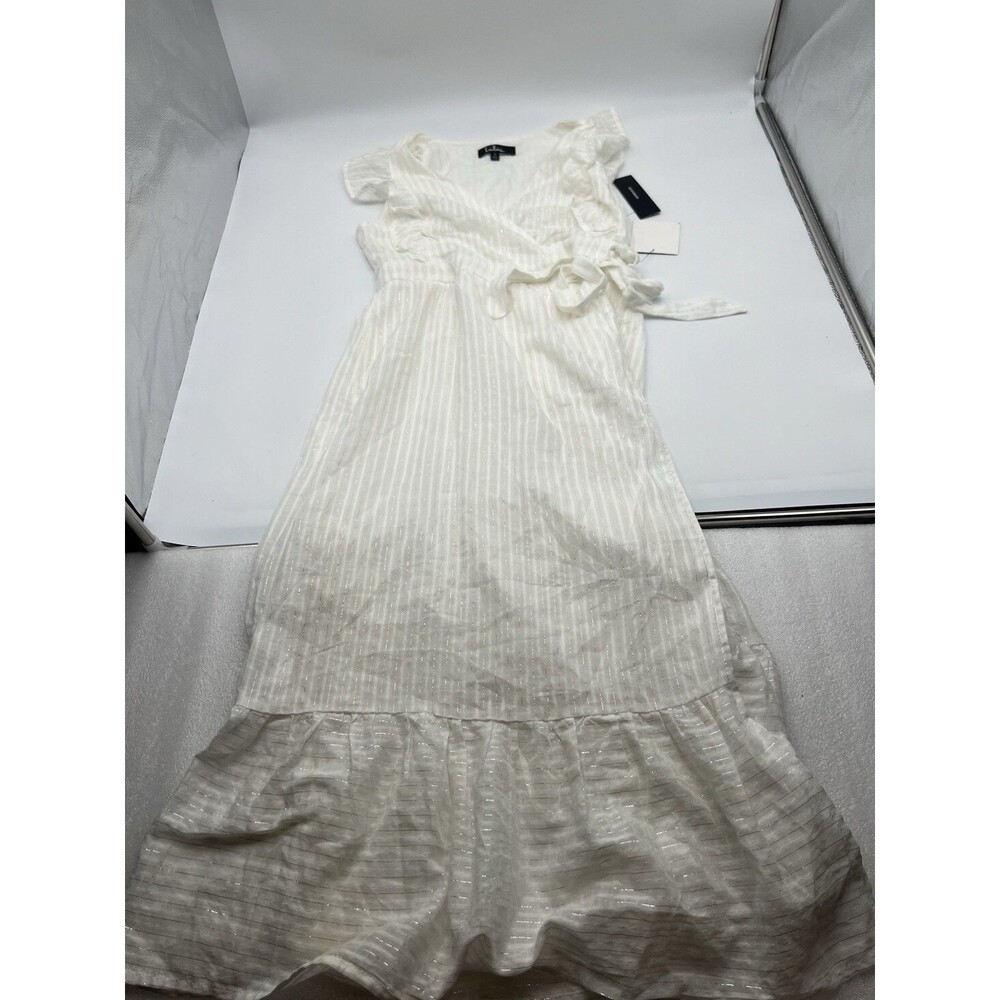 Lulu’s Something to See White Striped Ruffled Wrap Midi Dress Size Small NWT
